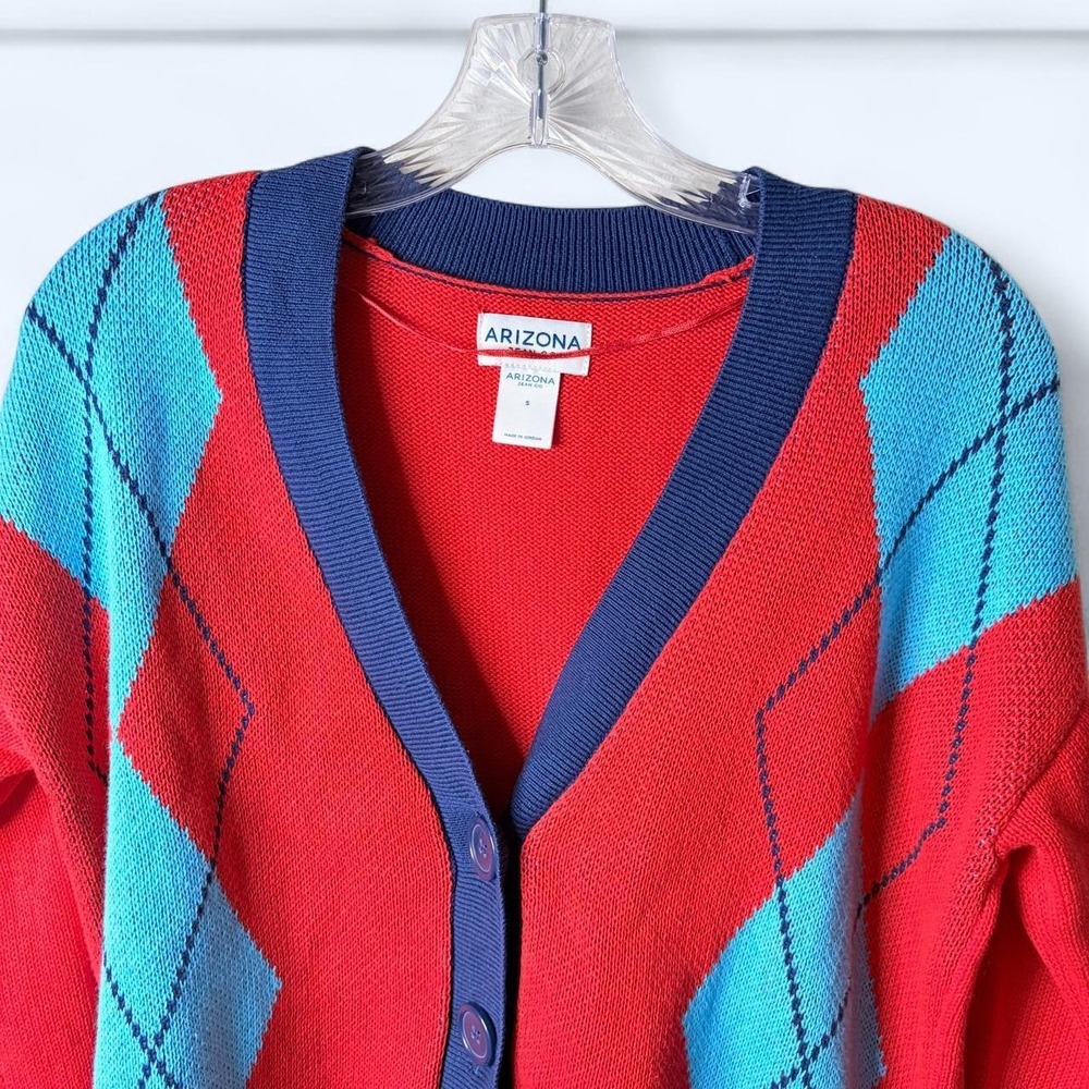 Arizona Red Argyle Cropped V-Neck Cardigan Sweater Size S Preppy Academic - Picture 2 of 8